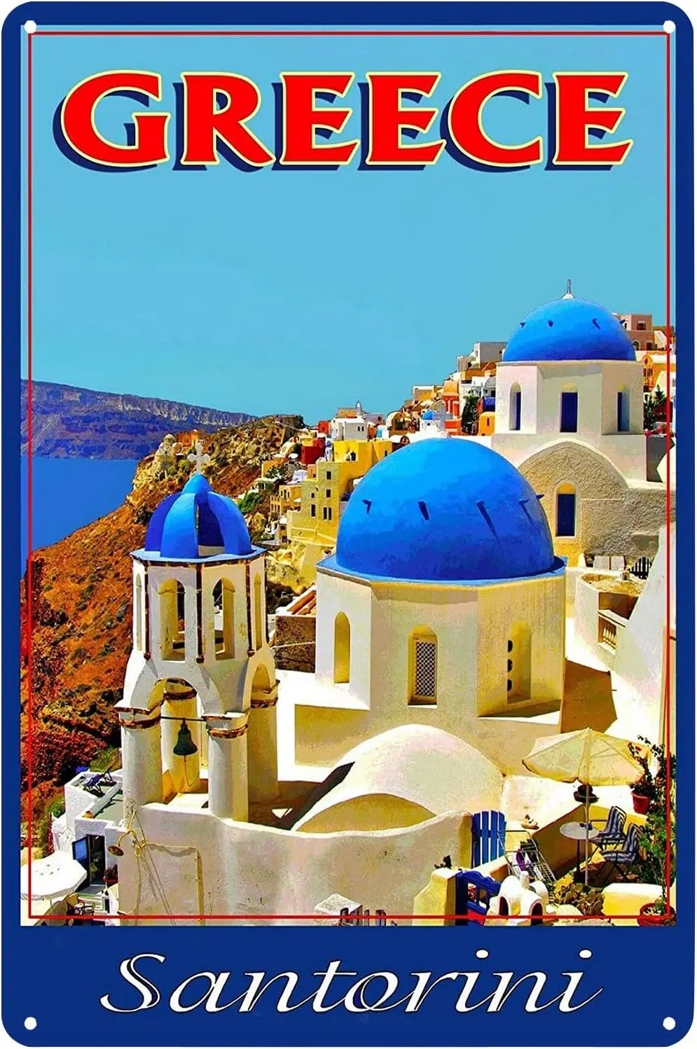 Vintage Metal Tin Sign - Santorini Island Greece Aegean Greek European Travel Wall Art Decor Poster for Home Cafe Bar Pub Restau