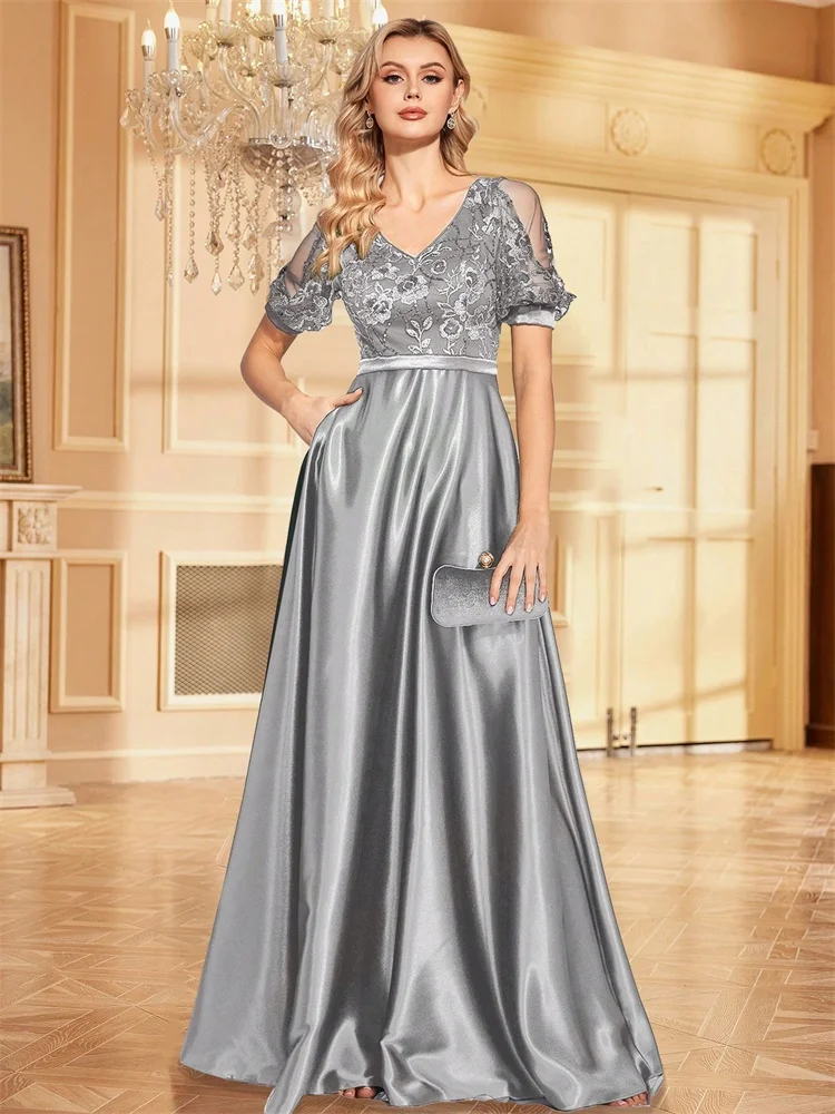 Elegant Short Sleeve Satin Patchwork Sequins V-neck Formal Evening Dresses 2026 Luxury Women A-Line Party Cocktail Prom Gowns