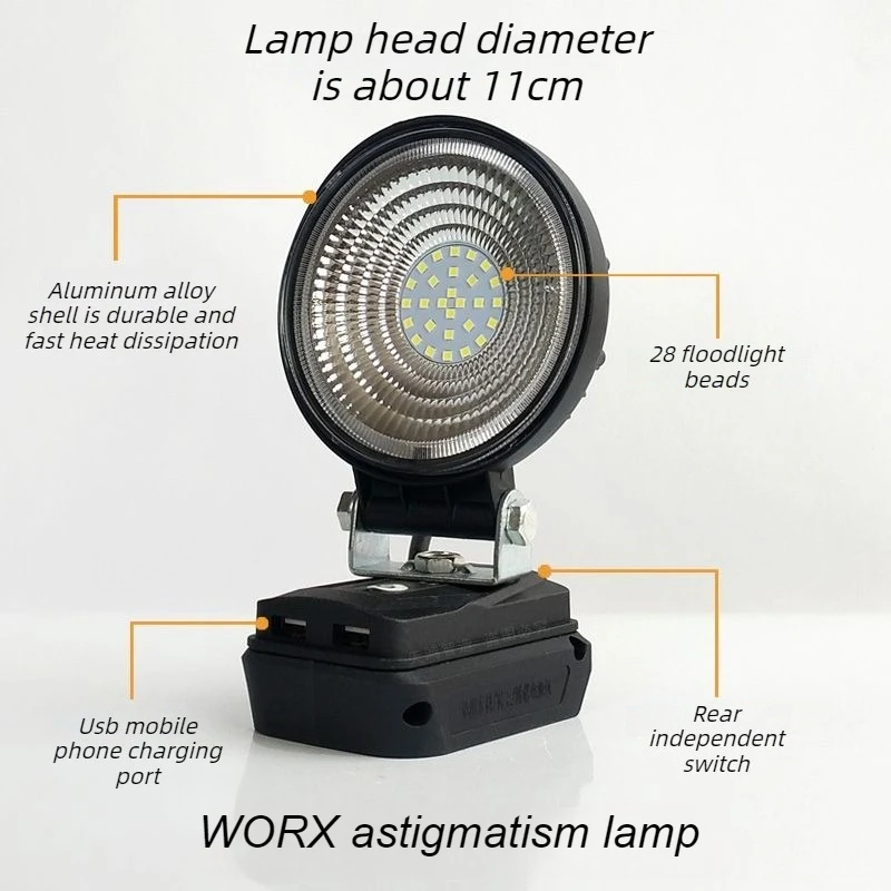 Lithium Battery Worklight Suitable for WORX Lithium Battery Aluminum Alloy USB Interface Floodlight Portable LED Emergency Light