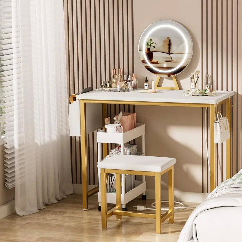 

Makeup Vanity Desk with Lights Mirror & Power Outlet,Chair, Dressing Table Vanities for Girls Bedroom, Gold