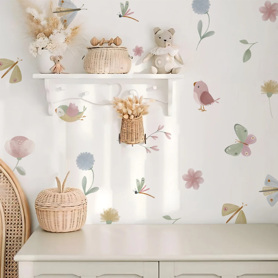 Boho Pink Butterfly Birds Wall Stickers Decoration for Kids Room Living Room Interior House Decor Vinyl Wall Decals Art Mural