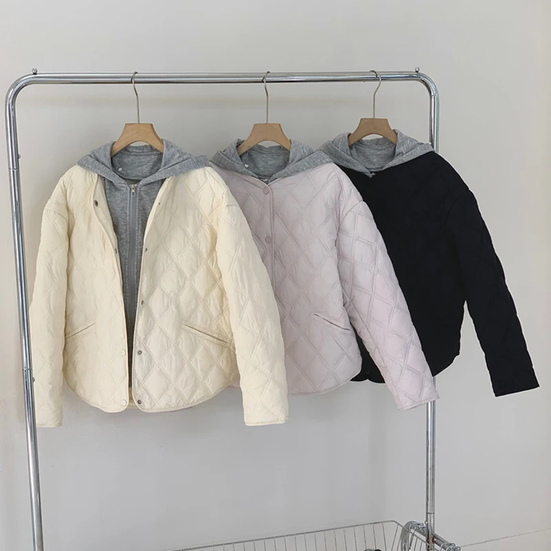 

Women Detachable Fake Two Pieces Winter Parkas Clothes Lightweight Warm Down Cotton Jacket Loose Female Hooded Coat Outwear