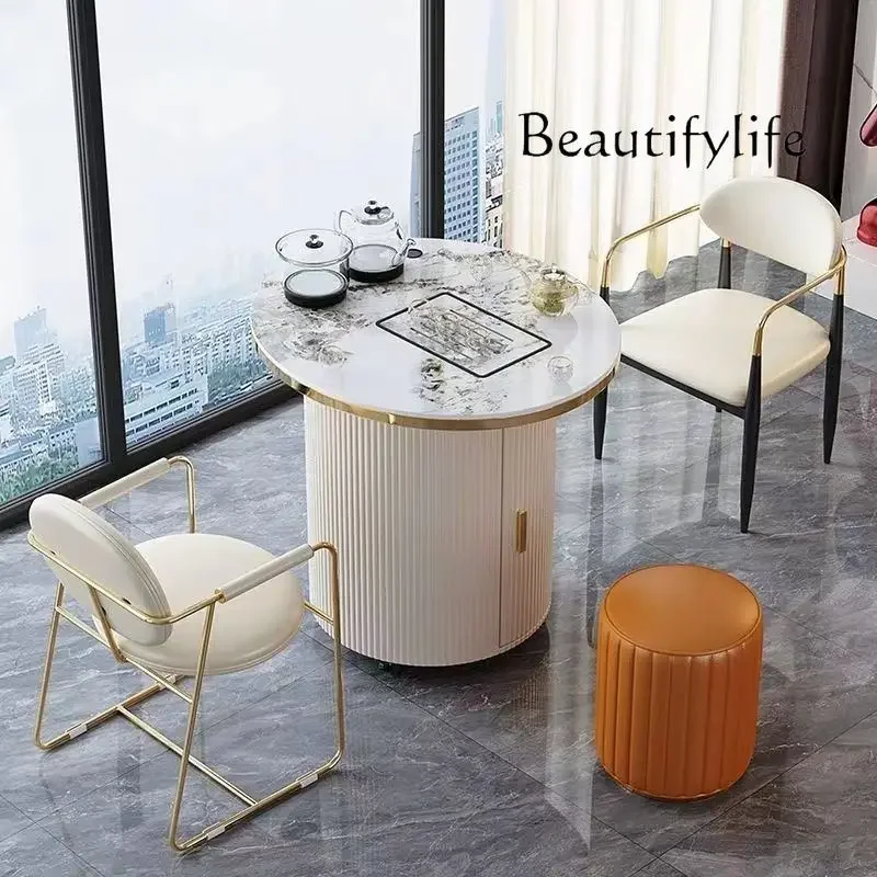 X Mobile Tea Table And Chair Combination Modern Simple Living Room Balcony Round Rock Slab Tea Table Boiling Water Integrated