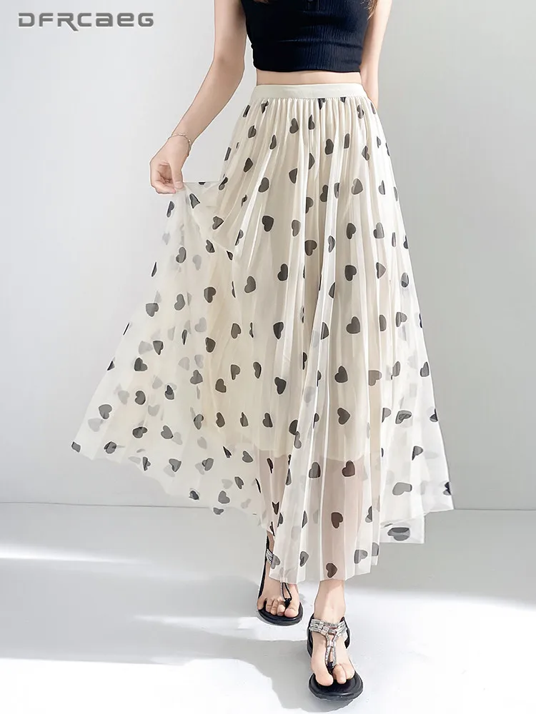 Elastic Waist Women's ‌Cute Heart Print Pleated Long Skirt‌ Loose Casual Summer Flared Tulle Midi A-Line Skirts Lady