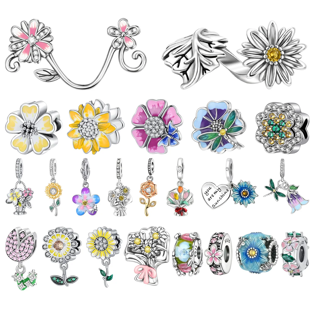 Original 925 Sterling Silver Sunflower Charm Tulip Four-Leaf Clover Daisy Pendant Bead Fit Women Bracelet Necklace DIY Fine Gift