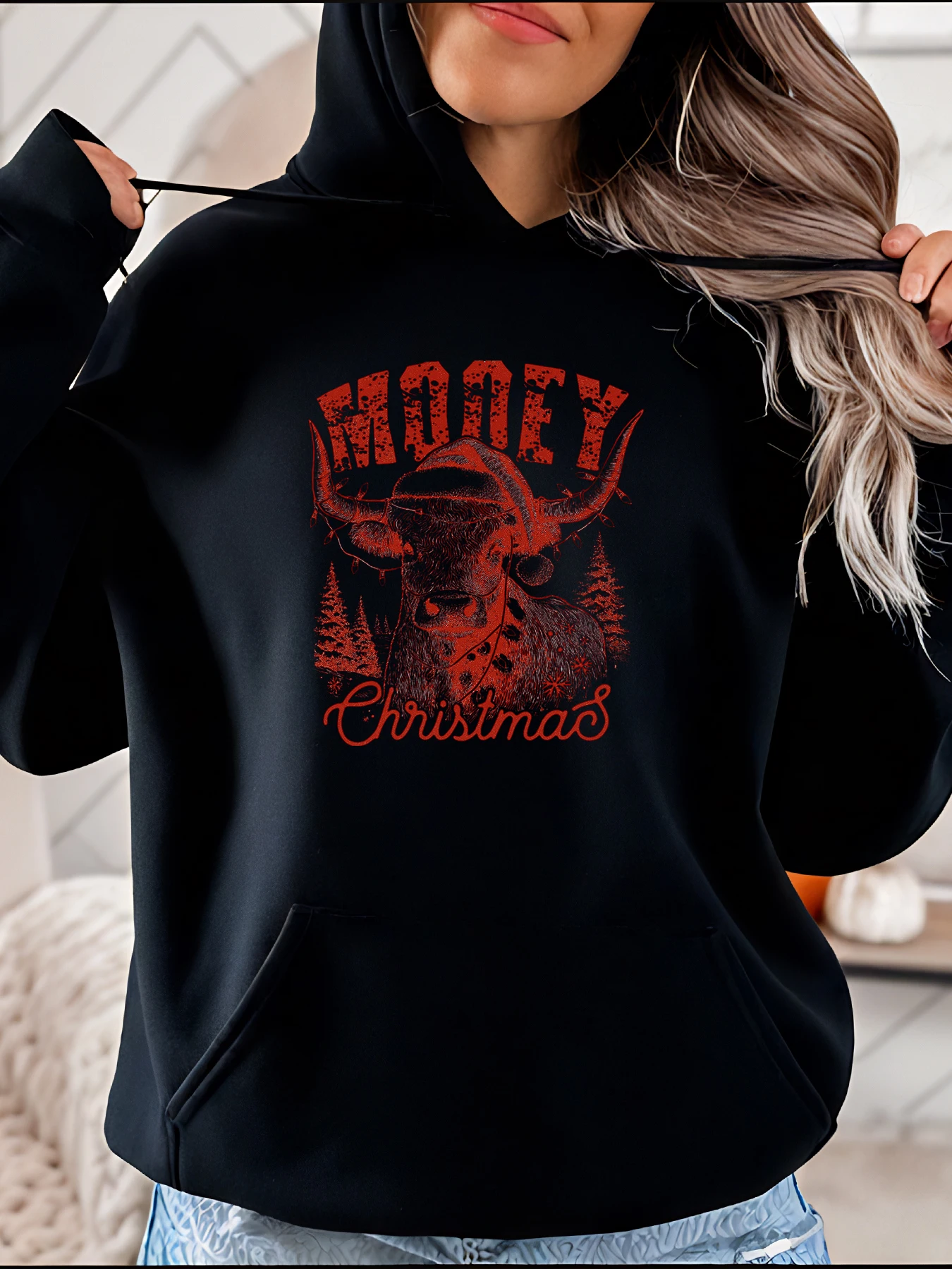 

Рождественская толстовка с изображением лося и красным принтом, женская повседневная зимняя толстовка для праздничного сезона