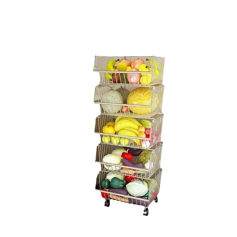

Kitchen Separable Stackable Multi-layer Stainless Steel Storage Basket Countertop Shelf With Wheel Floor Standing Vegetable Rack