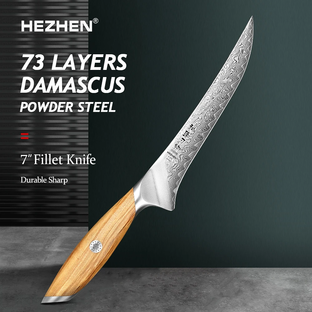 HEZHEN Flagship Series 7 Inch Filleting Knife 73 Layers Powder Steel Core Damascus Steel Olive Wood Handle Kitchen Knife