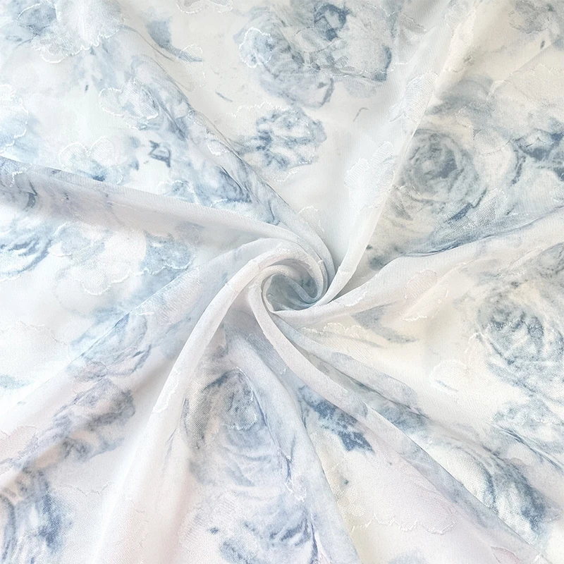 Jacquard Chiffon Fabric Semi Transparent Light Blue Halo Dyed Rose Hanfu Dress Shirt Diy Fashion for Sewing Cloth Skin Friendly