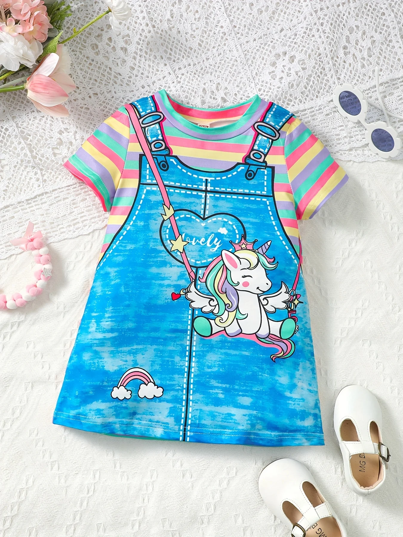 New Girls Casual Women Dreamy Rainbow Stripe Unicorn Print Short Sleeve Dress For Girls Summer Party Outdoor  Kid Girls Clothing