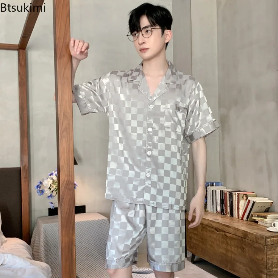 New 2025 Summer HIgh Quality Pajamas Set Men Simple Classic Ice Silk Sleepwear Male Two Piece Suit Youth Home Clothing Outdoor