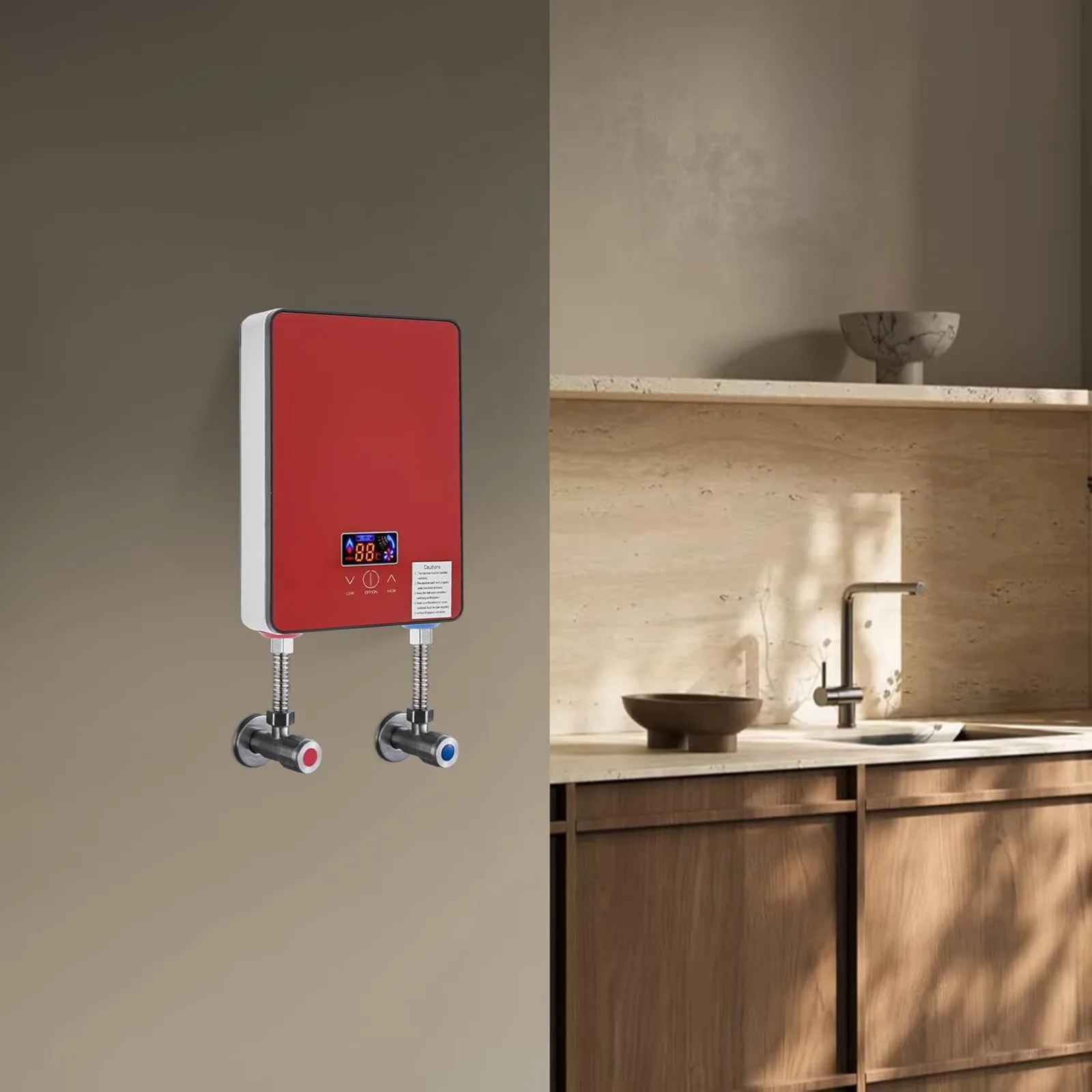 6500W Red Wall Mounted Instant Electric Tankless Water Heater, 220V LED Display Under Sink Point-of-Use Hot Water Heater, 3 Second Fast Heating for Kitchen Bathroom Sink Shower