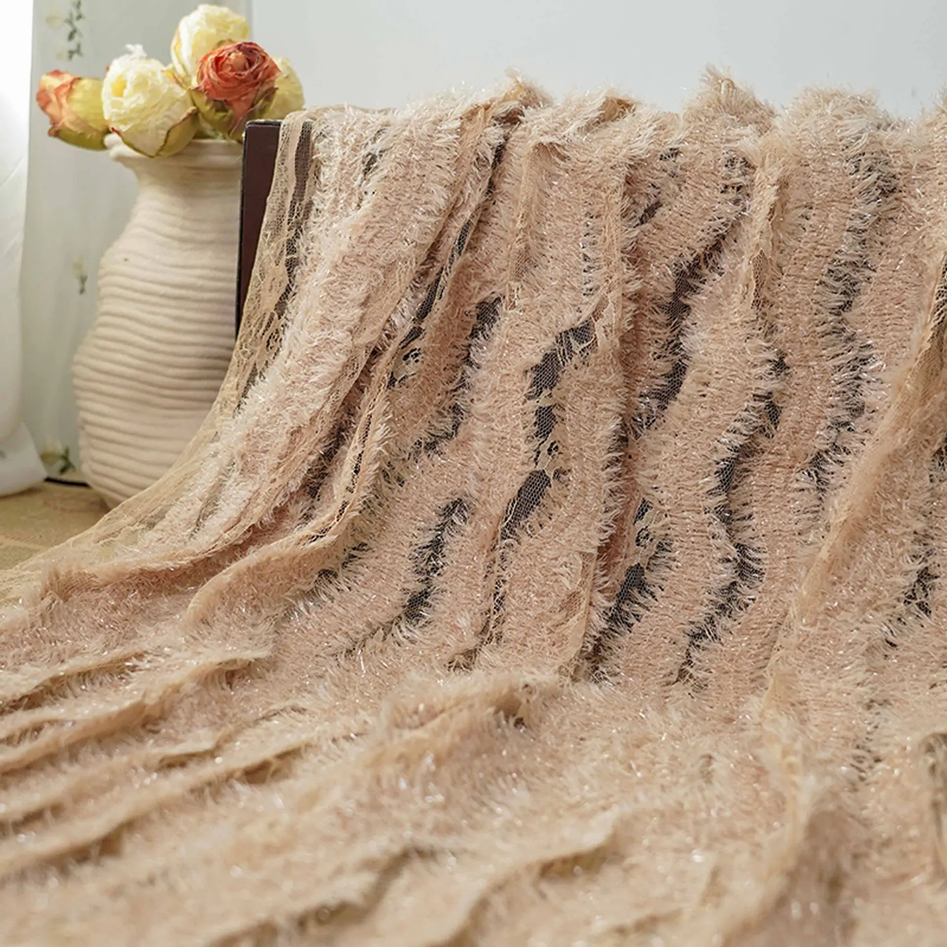

Elegant lace striped fringed fabric, embroidered fabric, wedding dress, evening gown, decorative fabric, by meter