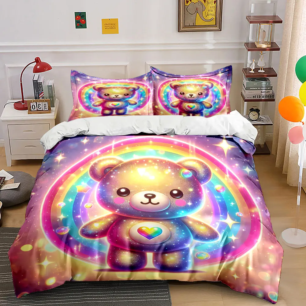 Colorful rainbow teddy bear Print Soft Comfortable Duvet Cover Bedding Set Included 1*Duvet Cover 2*Pillowcases Luxury gifts