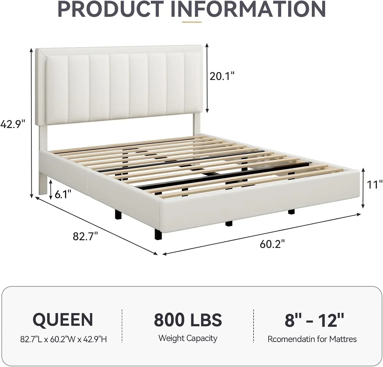 Queen Size Floating Bed Frame with LED Lights, Upholstered Platform Bed with Headboard, 11 in Storage Clearance, Solid Wood Slat
