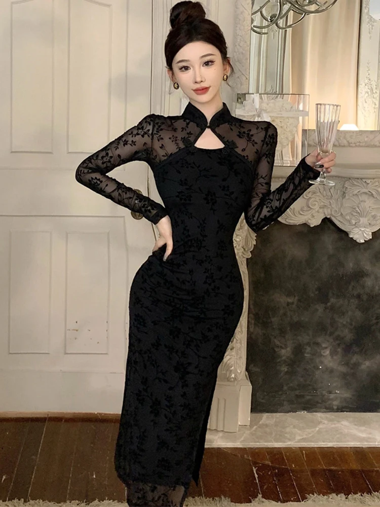 فستان أسود مثير وشفاف مرقع لعام 2025 فستان نسائي أنيق بأكمام طويلة للخريف والشتاء فساتين هيبورن كورية عتيقة #5