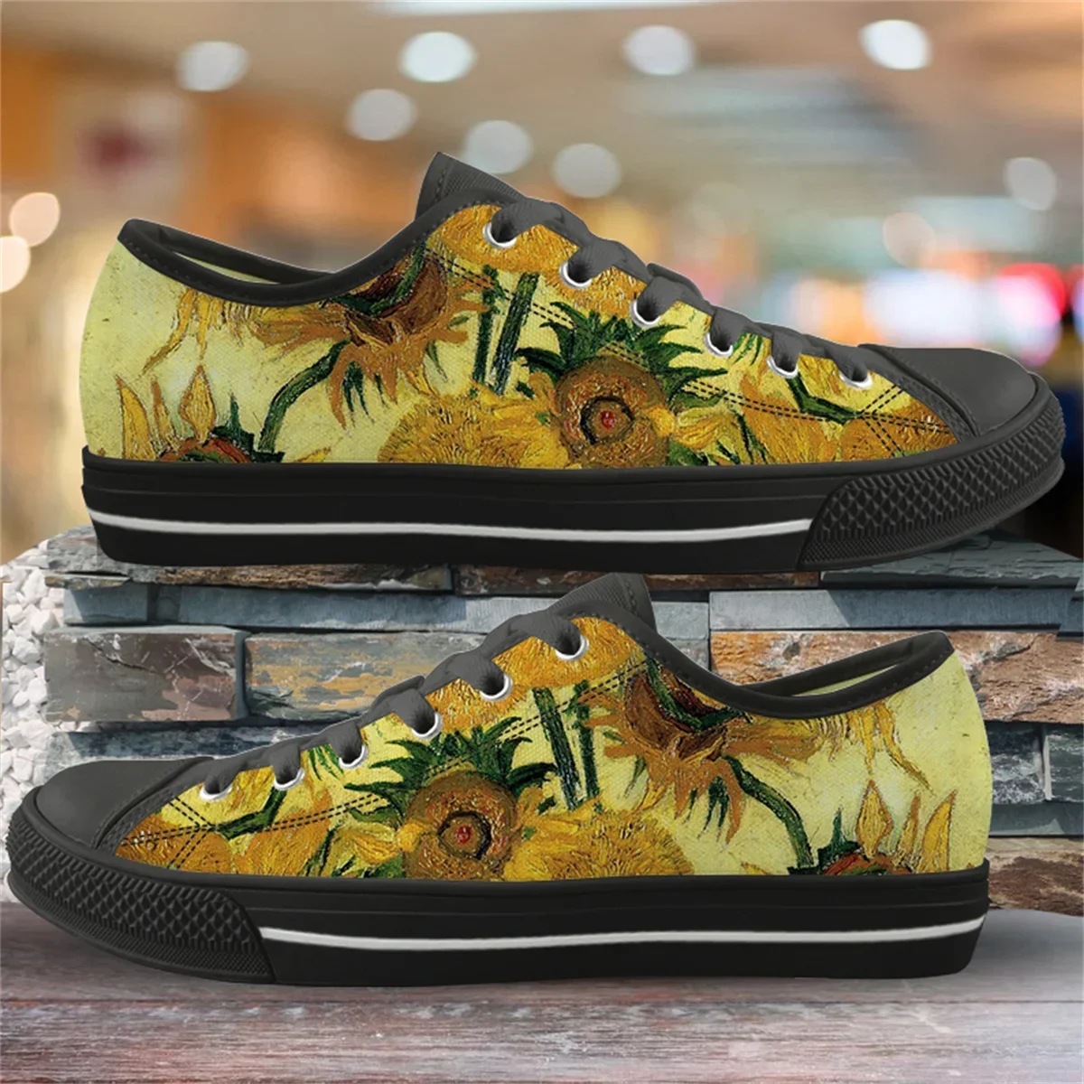 Van Gogh pintura a óleo de girassol lona sapatos para mulheres, leve respirável sapatos baixos, fitness ao ar livre lace-up tênis