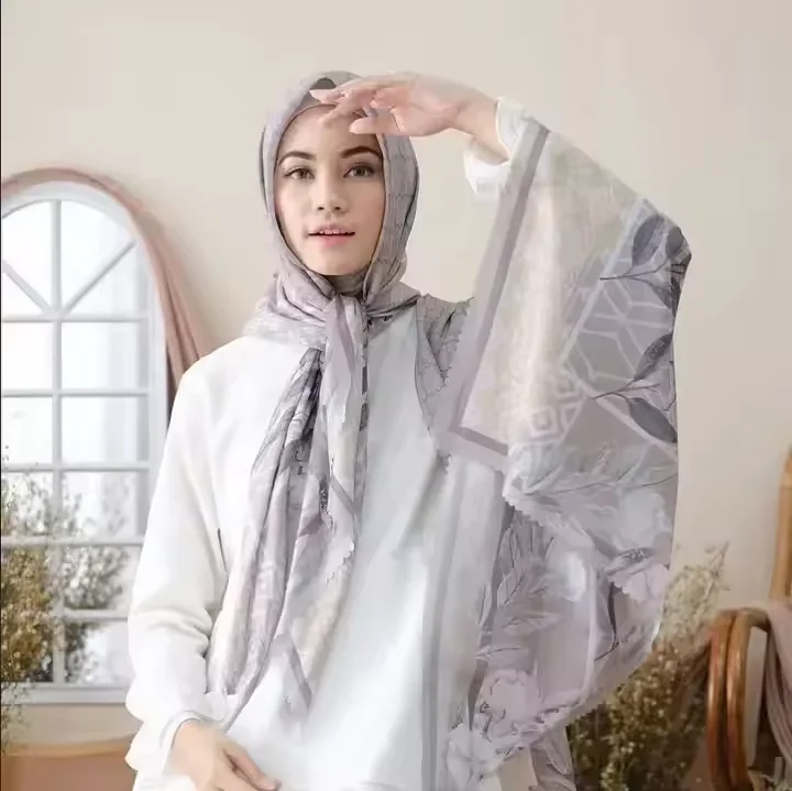 Malaysia Tudung Bawal Flower Print Hijab Laser Cut Edge Headscarf Premium Cotton Voile Soft Fashion Muslim Square Scarf