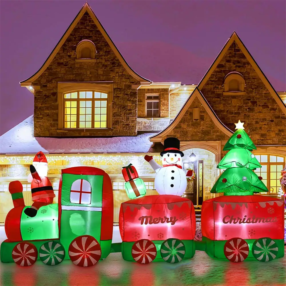 10.5FT Christmas Inflatable Toy Train with Santa Claus Snowman Giant Outdoor Yard Decorations Built-in LEDs Xmas Holiday Decor