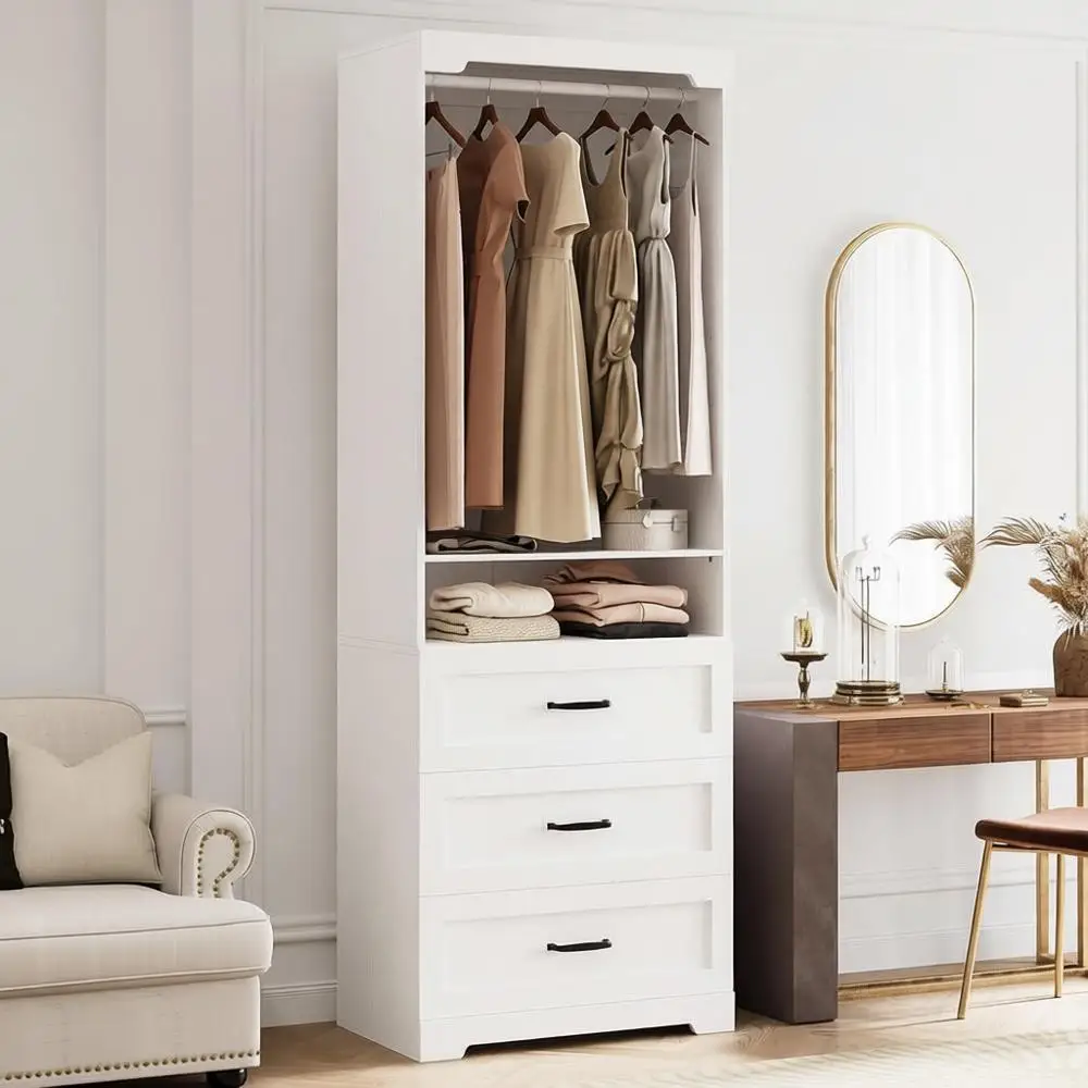 

Напольная гардеробная система, 3 деревянных ящика, регулируемые полки, штанга для вешалок, органайзер для гардеробной, компактный шкаф, белый