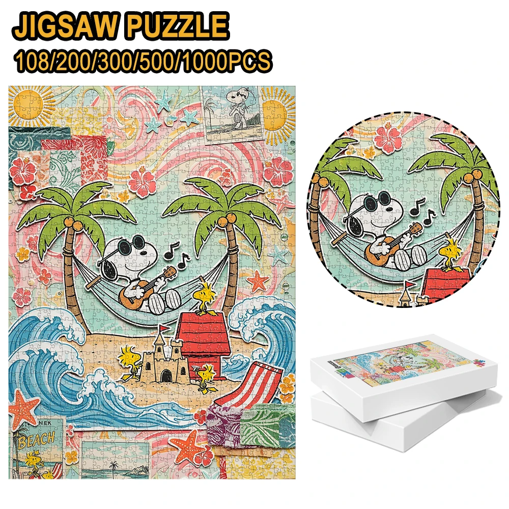 Snoopy Beach Vacation Hammock Guitar Scene Tropical Collage Style Wooden Jigsaw Puzzle 108/200/300/500/1000pcs Color Box