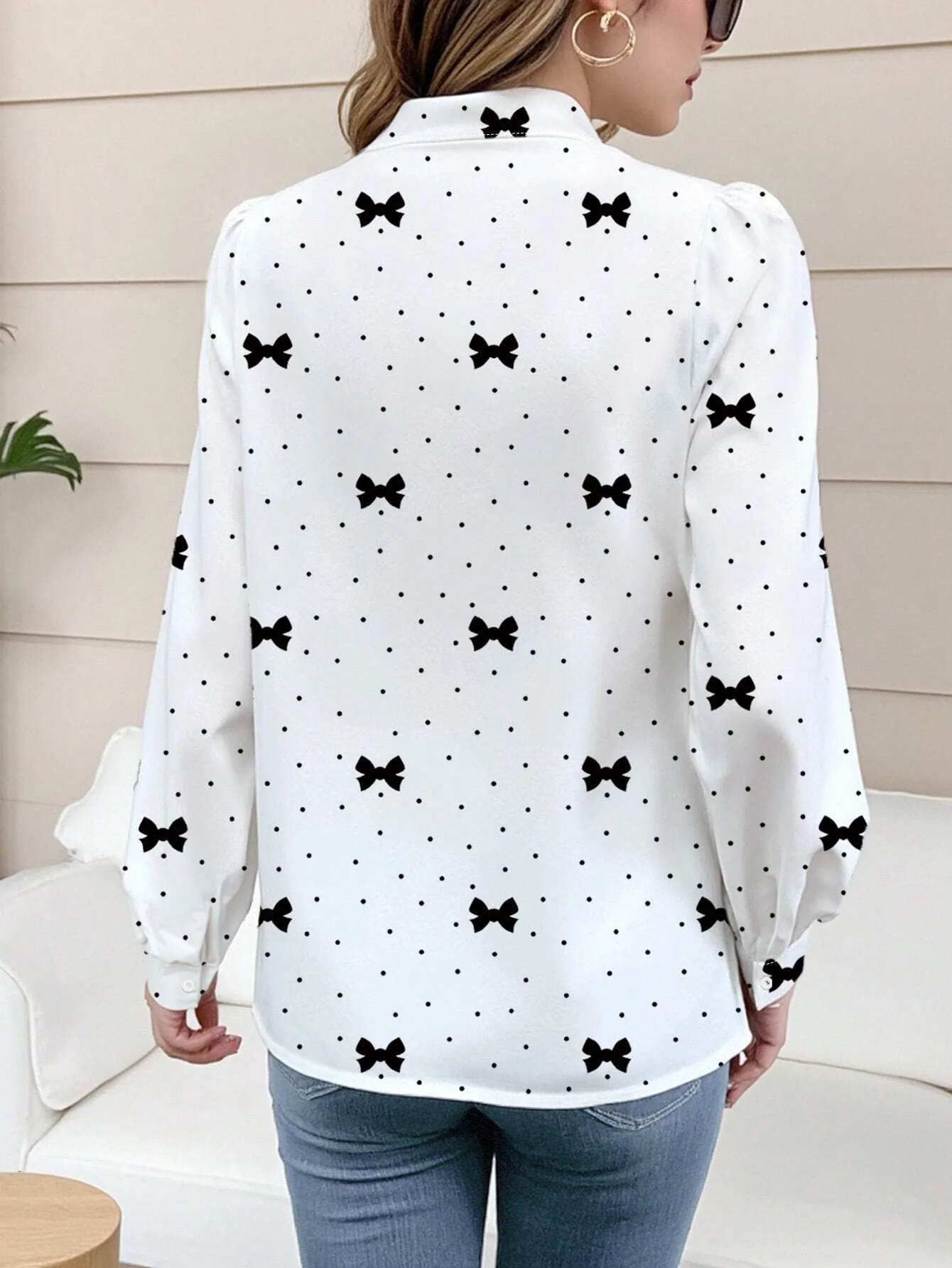 Camicia casual da donna con scollo a V a maniche lunghe stampata con fiocco a pois primaverili e autunnali