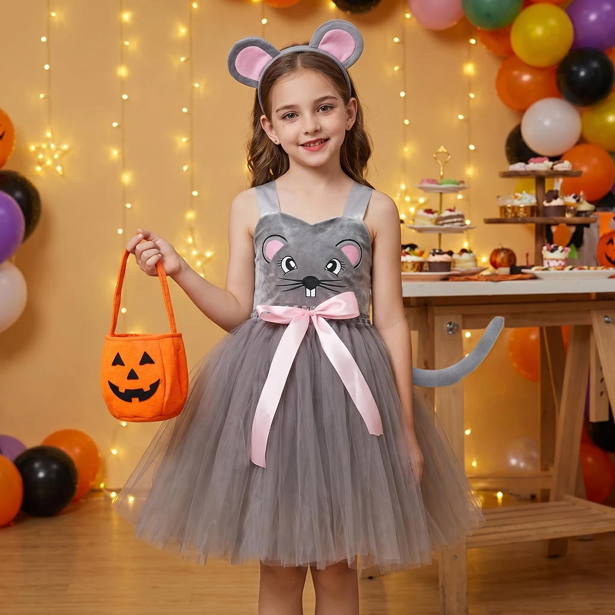 Gray Mouse Costumes for Baby Girls Grey Rat Tutu Dress with Tail Kids Animal Halloween Outfit Children Birthday Clothes