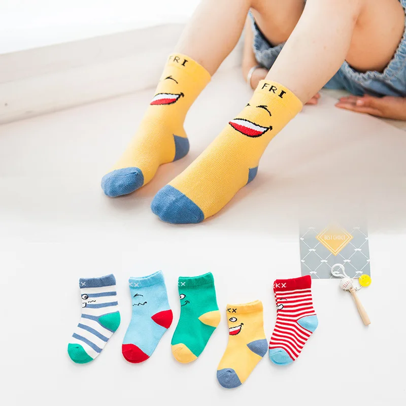 2024 Spring & Summer Cartoon Emoticons Pattern Cotton Baby Socks Boys Girls Socks 1-12 Year Children Socks 5 Pairs/ lot