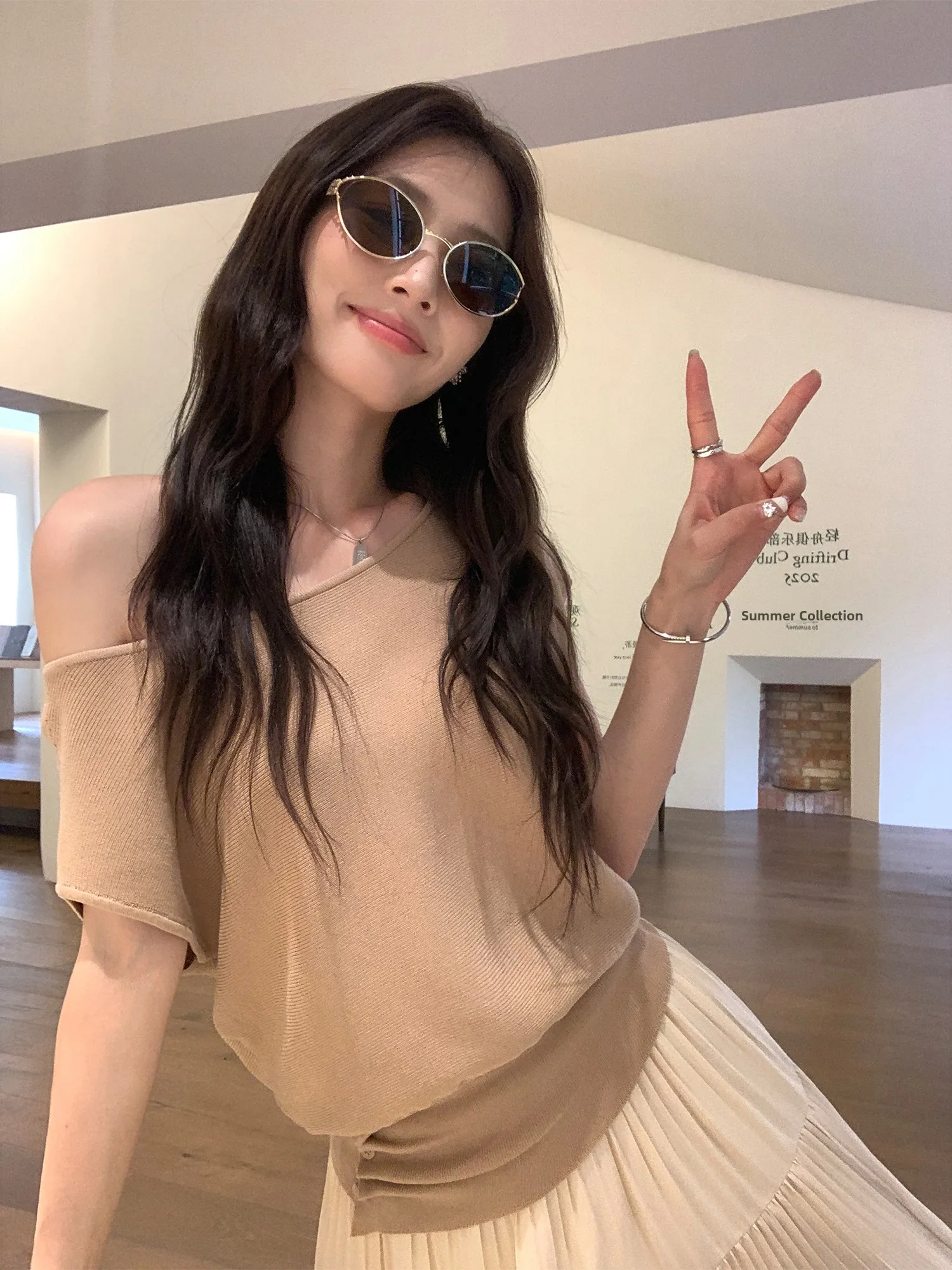 

Pusumede Comfortable Leisure oulder Bared ort Sve Knitted Waist Cinched Flng Sve Top Women's Faion T-irt