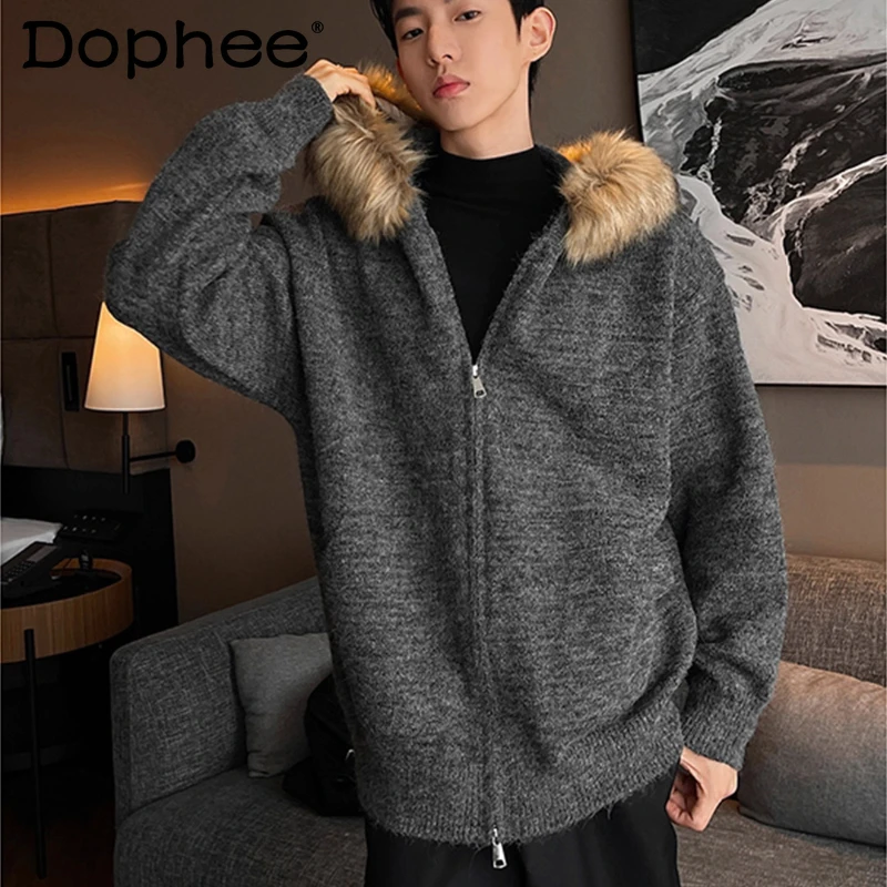

Men's 2025 Autumn Winter New Hooded Knit Sweaters High-end Short Sweatshirts Detachable Faux Fur Collar Cardigan Sweater Jackets