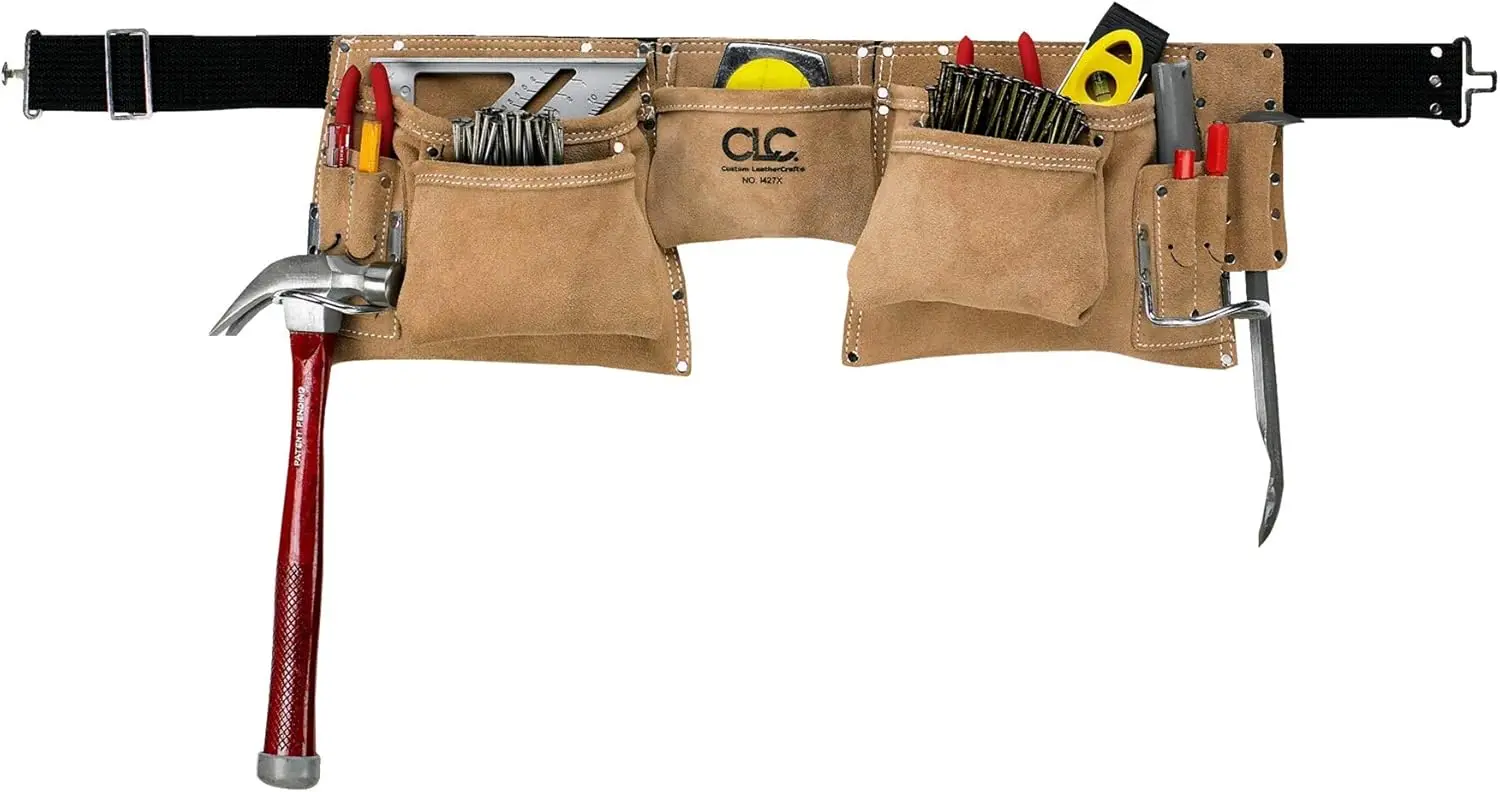 

Heavy Duty Suede Leather Work Apron with 12 Pockets, 2 Steel Hammer Loops, Poly Web Belt, Fits 29-46 Inch Waist