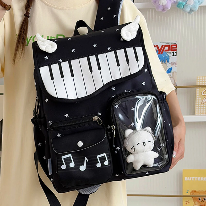 Cute Music-themed Itabag Women,transparent Pocket Display,large Capacity School Backpack Fashion Piano Keyboard Print Backpack