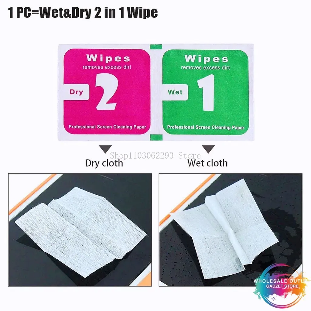 100 sets Wet Dry Wipes Cleaning Cloths Tool For Tempered Glass Screen Protector Guard Film For All Mobile Phone Camera Tablet