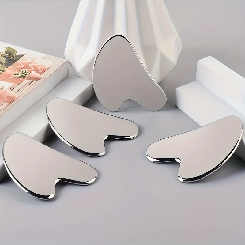 Edelstahl Gesichts-GuaSha-Massage-Tool aus Silbermetall, Gua Sha Board für Schönheitspflege, Natürliches Universelles Gesichtspflege-Werkzeug – Detail 1