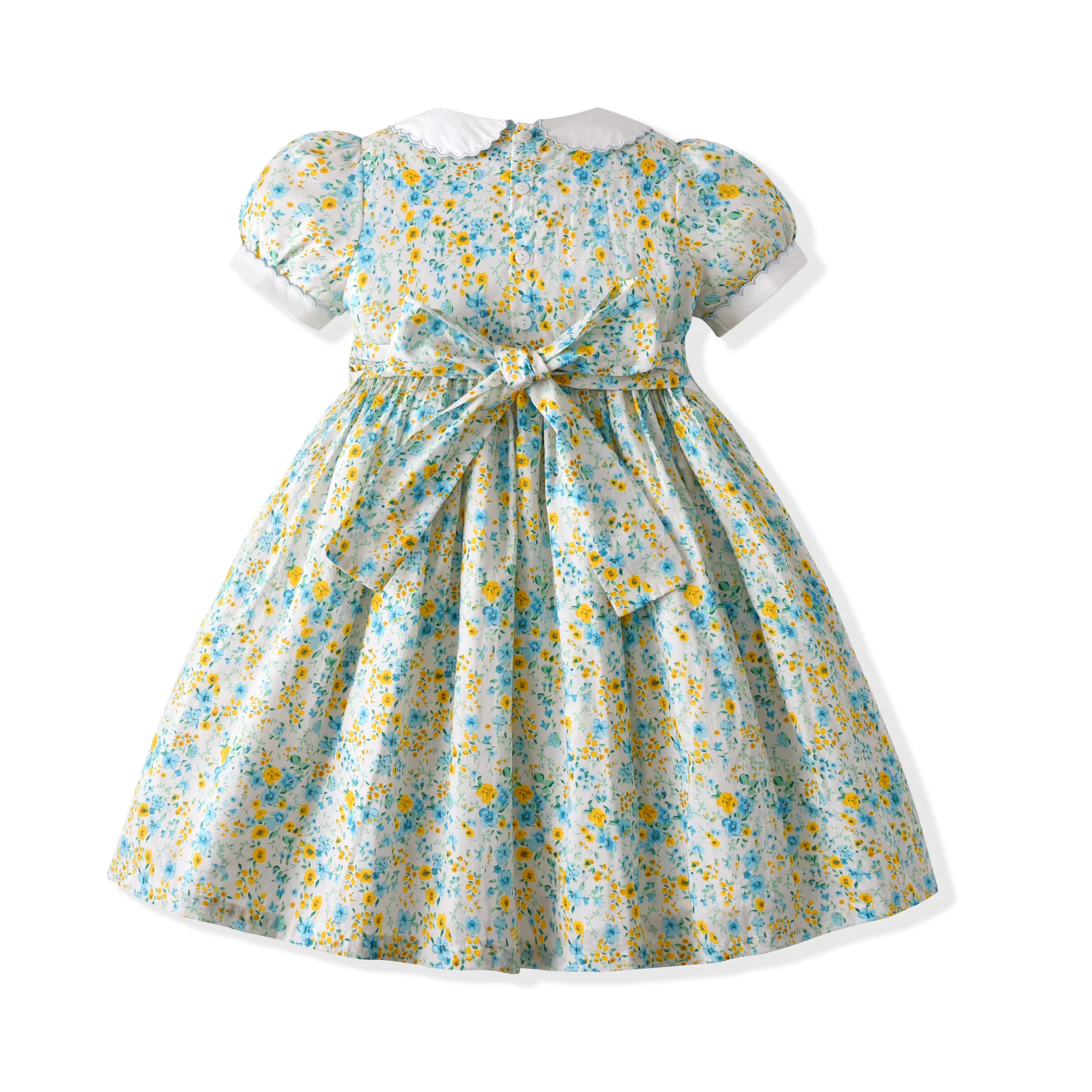 Vintage Floral Hand Smocked Short Sleeve Girl Dress Peter Pan Collar Fashion Kids Girls Dresses Summer Clothing For Baby 2026