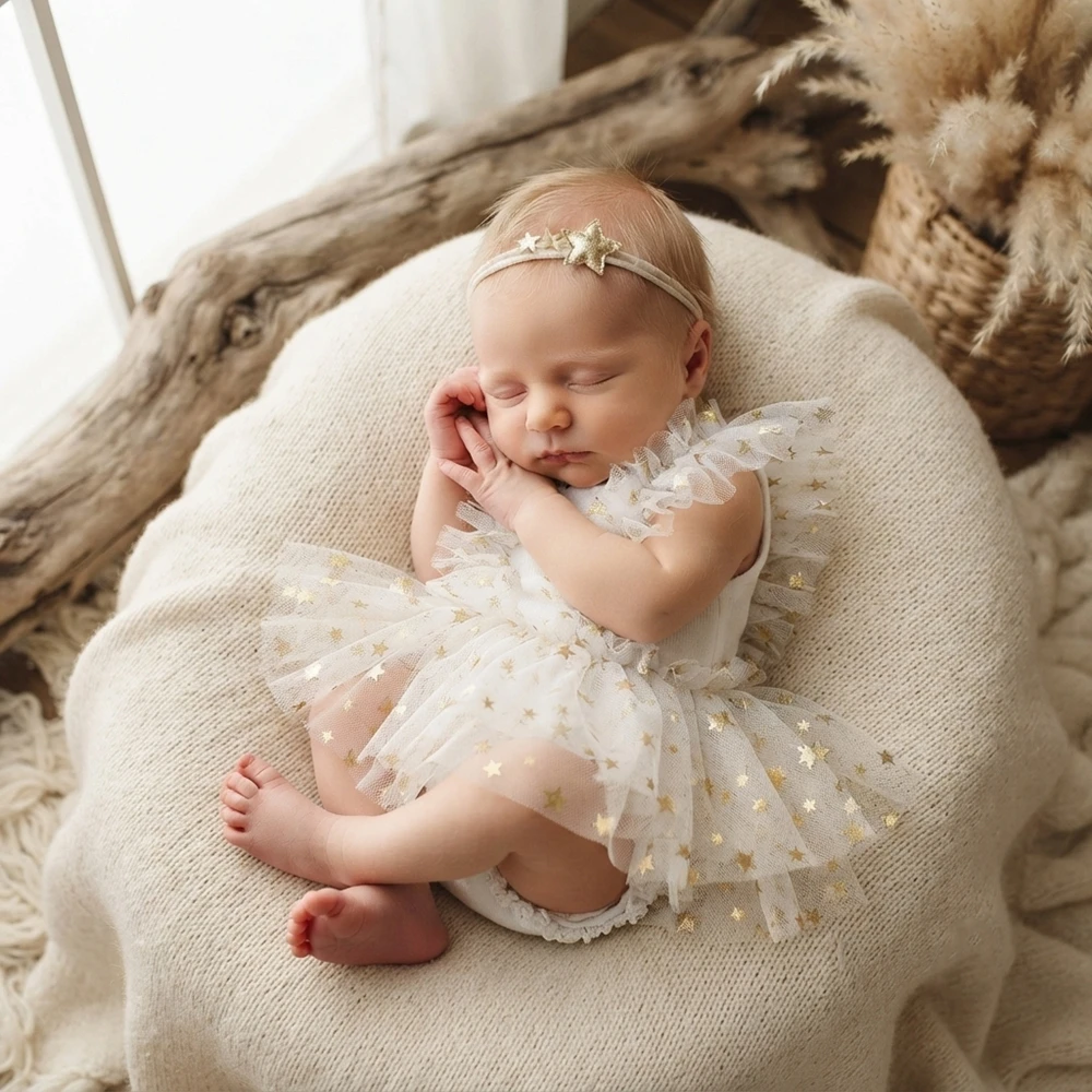 Elegant Baby Photography Clothes White Star Tulle Romper Newborn Photo Shoot Outfits Infant Princess Posing Prop Onesie