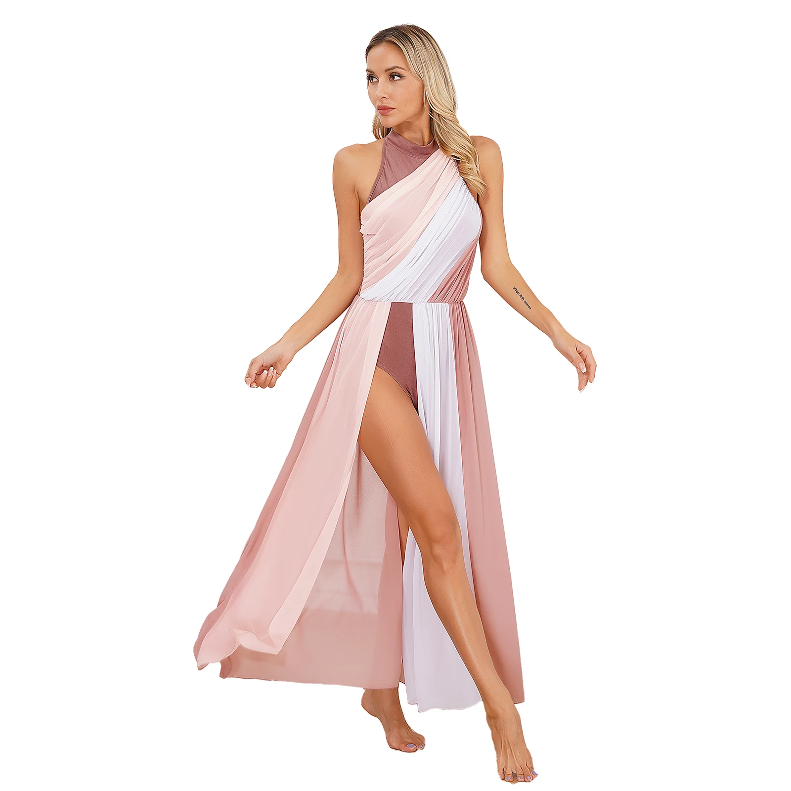 Women Lyrical Dance Dress Sleeveless Halter Ruched Maxi Split Dress Flowy Leotard Modern Contemporary Dancewear Performance