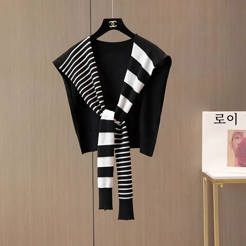 Concave Shape Artifact Fashionable All-match Asymmetric Striped Knitted Shawl Korean Sle Design Sense Stacked Shoulder Outdoor