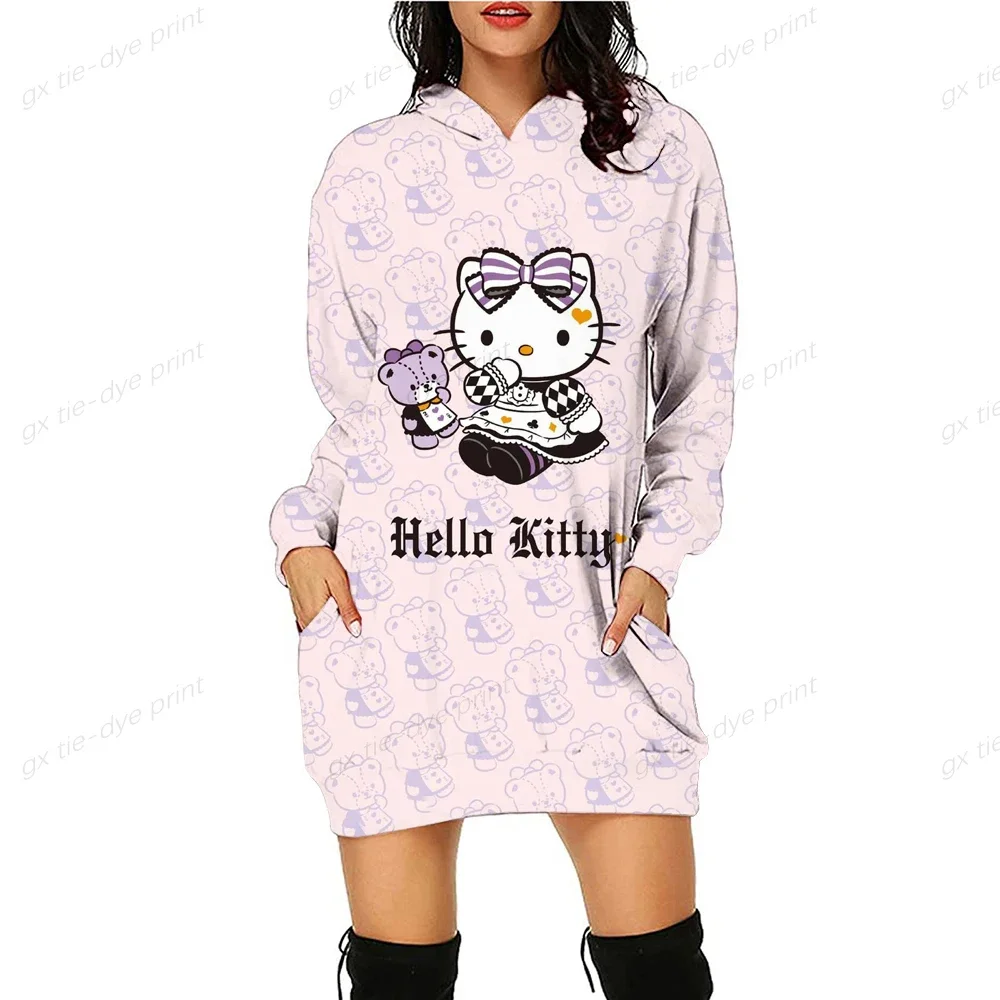 HELLO KITTY Women\'s Sweater Dress Long Hooded Hooded Dress Fall Anime 3D Dye Print Pullover Casual Women\'s Sexy Sweater Dress