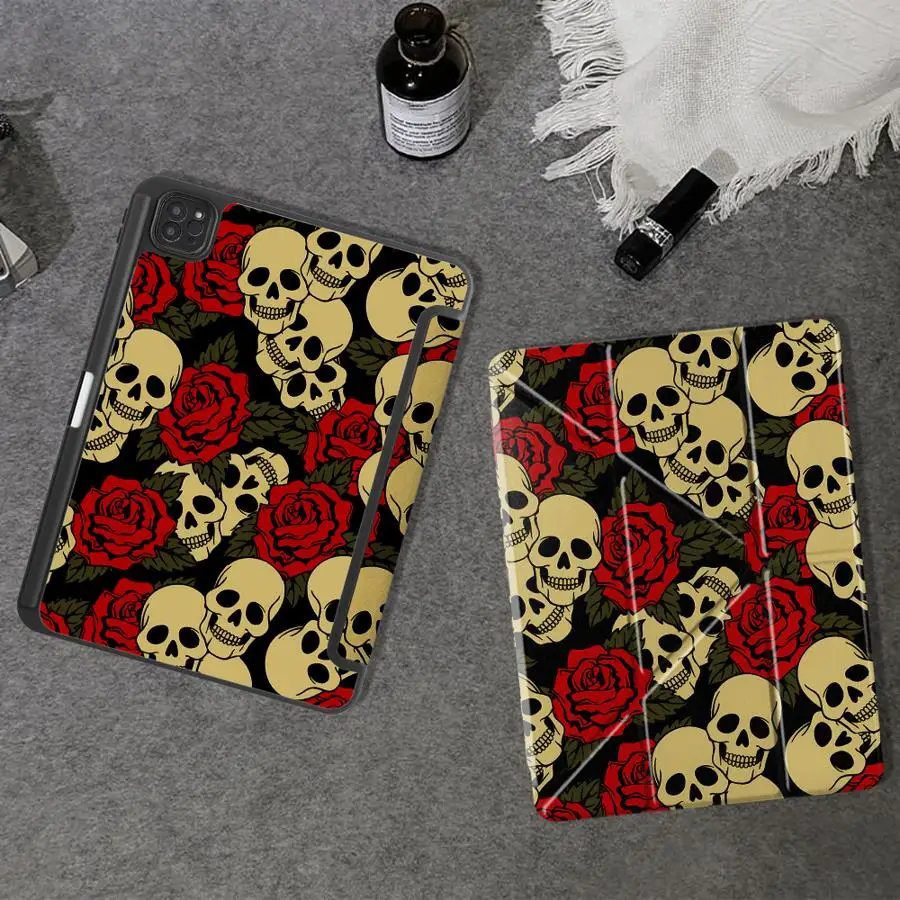 Holder Cover Tablet Case For iPad Mini 6 7 Pro 2025 Air 4 5 M3 M2 1 2 M4 11inch Pro 11th 10th 9th 8th 7th 12.9inch Skull Rose