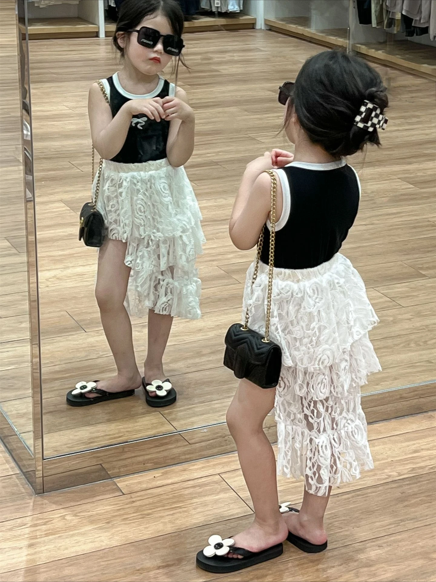 Summer Korean Children's Clothing for Girls Refreshing Embroidered Color Contrasting Strap+Irregular Lace Cake Skirt Kids Suits
