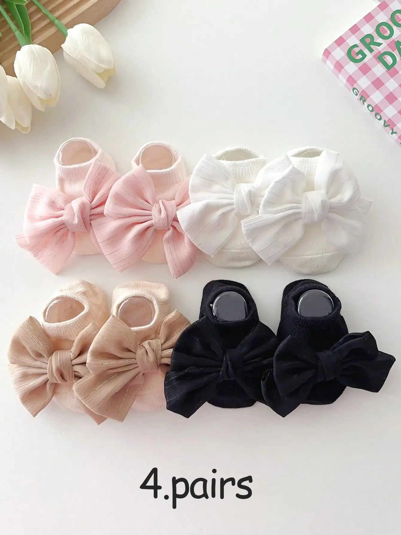 4Pairs 0-1Y Newborn Baby Girls Big Bow Cotton Non Slip Ankle Socks Infant Indoor Floor Walking Anti-Skid Baby Shower Gift Socks