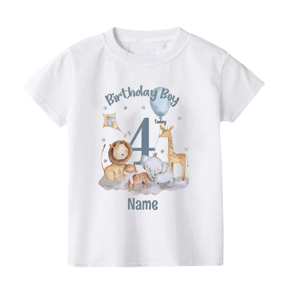 Personalised Kids Birthday T-shirt Animals with Name Child Short Sleeve Shirts Tops 1-9 Years Boys Birthday Party Outfit Tee