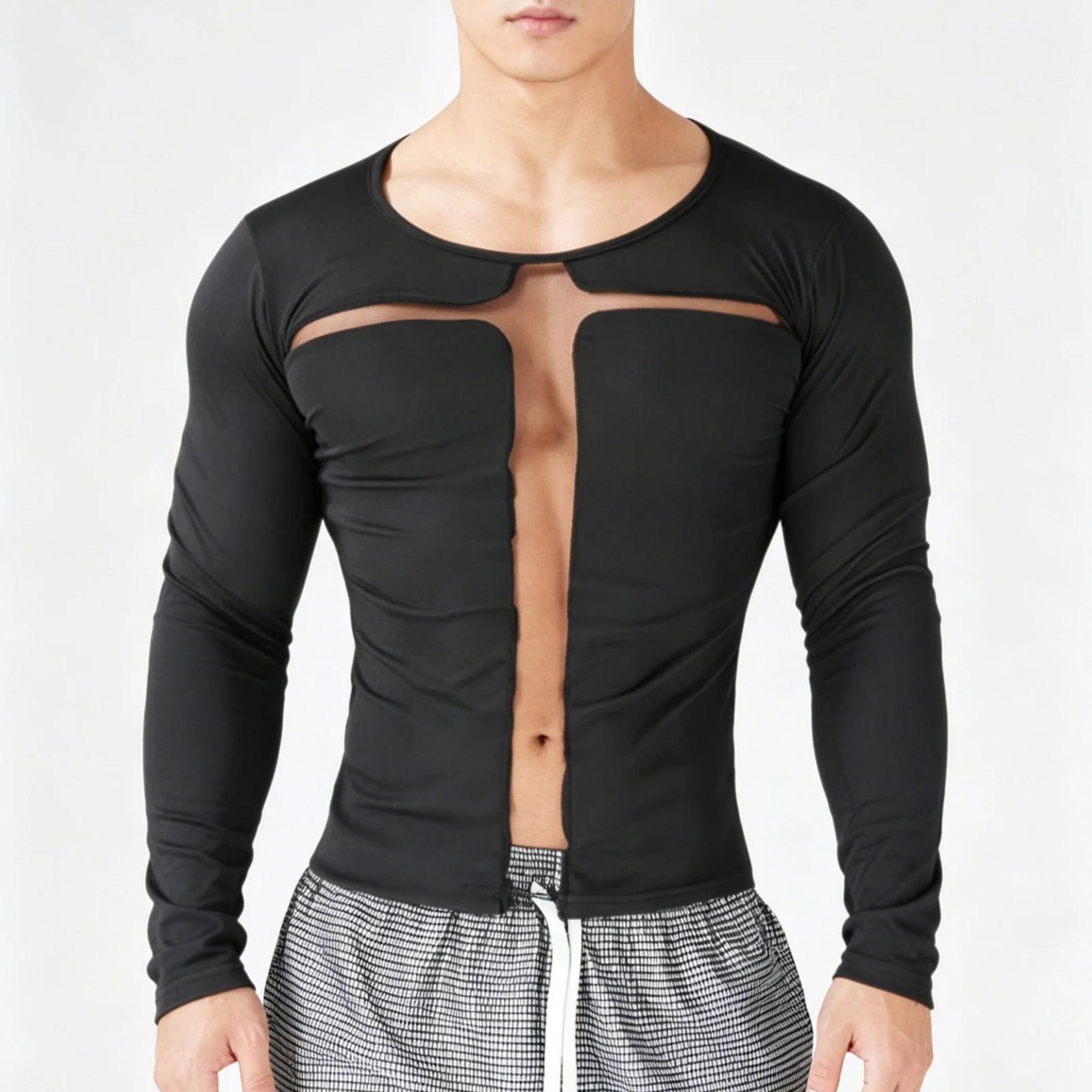Herren Mode T-Shirt Frühling Streetwear Mesh Cross Gothic Tees Tops Lässig Y2K Herbst Langarm Hochwertig Party T-Shirt – Detail 4