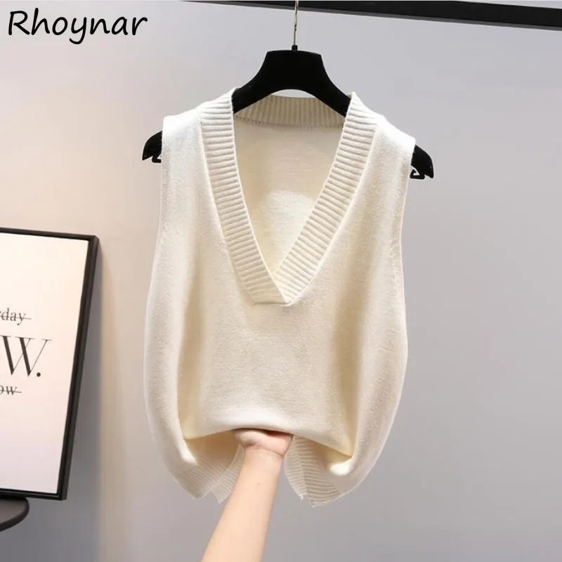 Sweater Vests Women Spring Casual All-match Solid Simple Side-slit V-neck Knitted Loose Cozy Ulzzang Gentle Trendy Clothes Chic