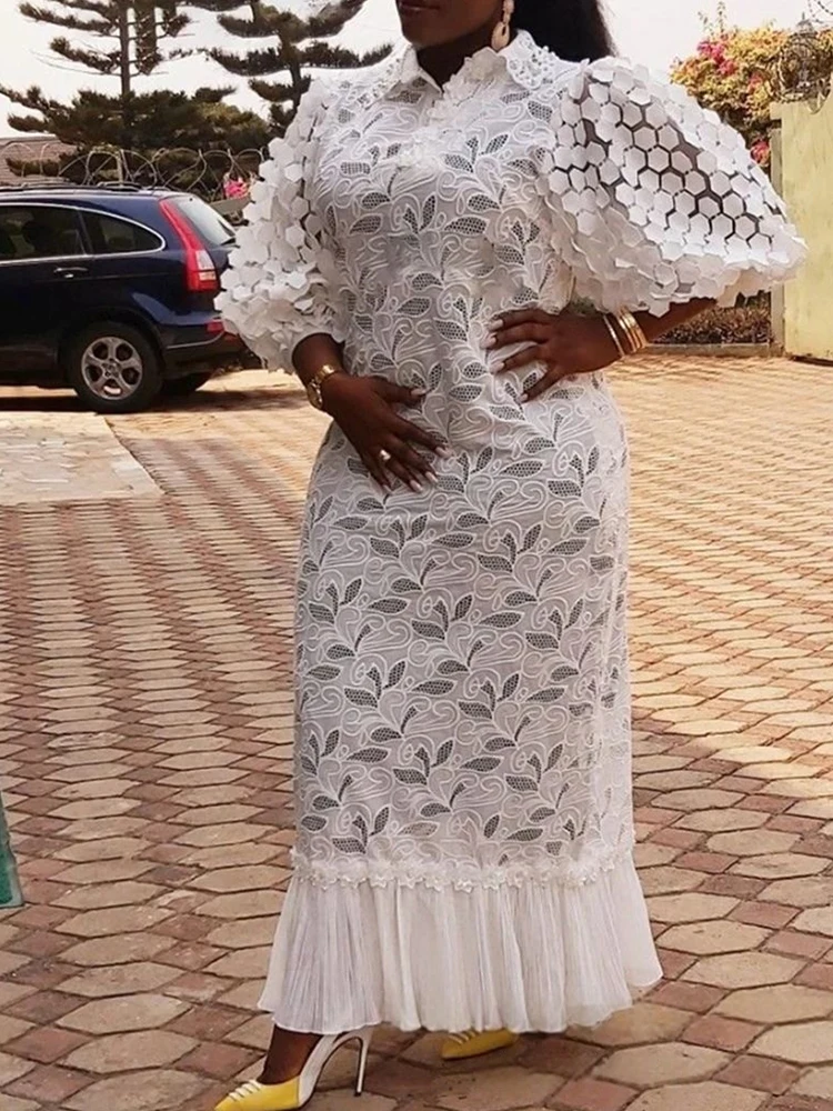 

Long Straight Dresses for Women Elegant Plus Size Dress Puff Sleeves Summer Hollow Out White Fairy Dress Wholesale Dropshipping