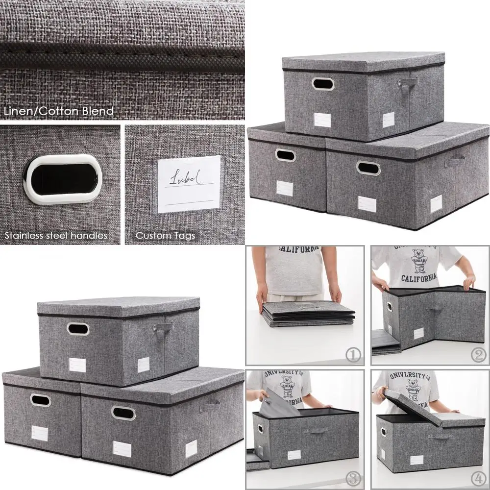

3-Piece Linen Fabric Storage Bins with Lids - Foldable Organizer Cubes in Grey (23.4x15.9x11.4)