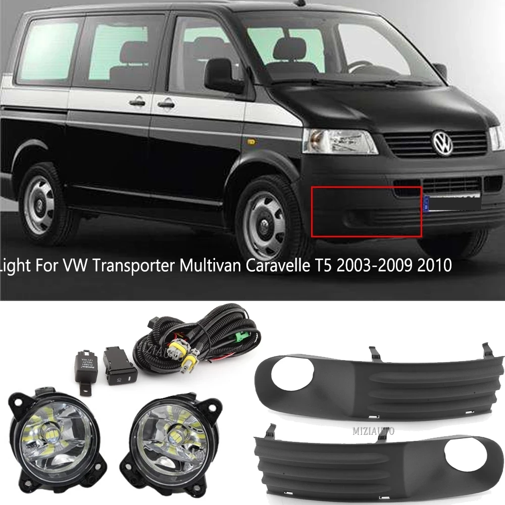 LED Headlight Fog Light For VW Transporter Multivan Caravelle T5 2003- 2010 Wire Harness Switch Bulbs Foglights Cover Grill