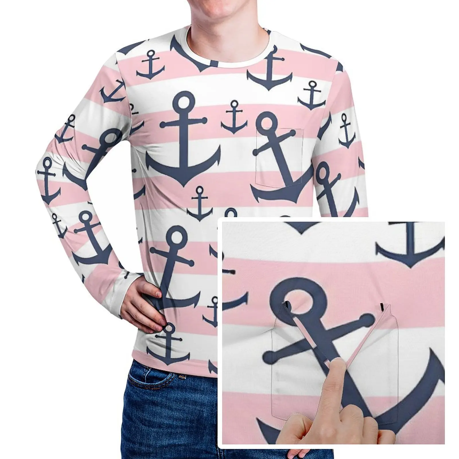 

Nautical Pink Stripe Navy Blue Anchor T-Shirt Men Aesthetic T-Shirts Spring Cool Tee Shirt Long Sleeve Printed Oversize Clothes