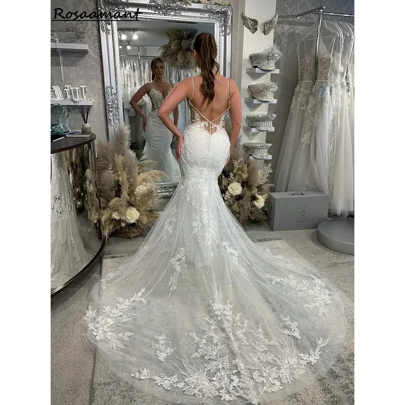 Luxury Spaghetti Straps Backless Mermaid Wedding Dresses Illusion Beading Crystal Appliques Lace Country Bridal Gowns